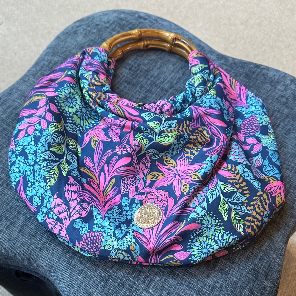 Lilly Pulitzer Floral Bag with Bamboo Handle - Pink, Blue, Green